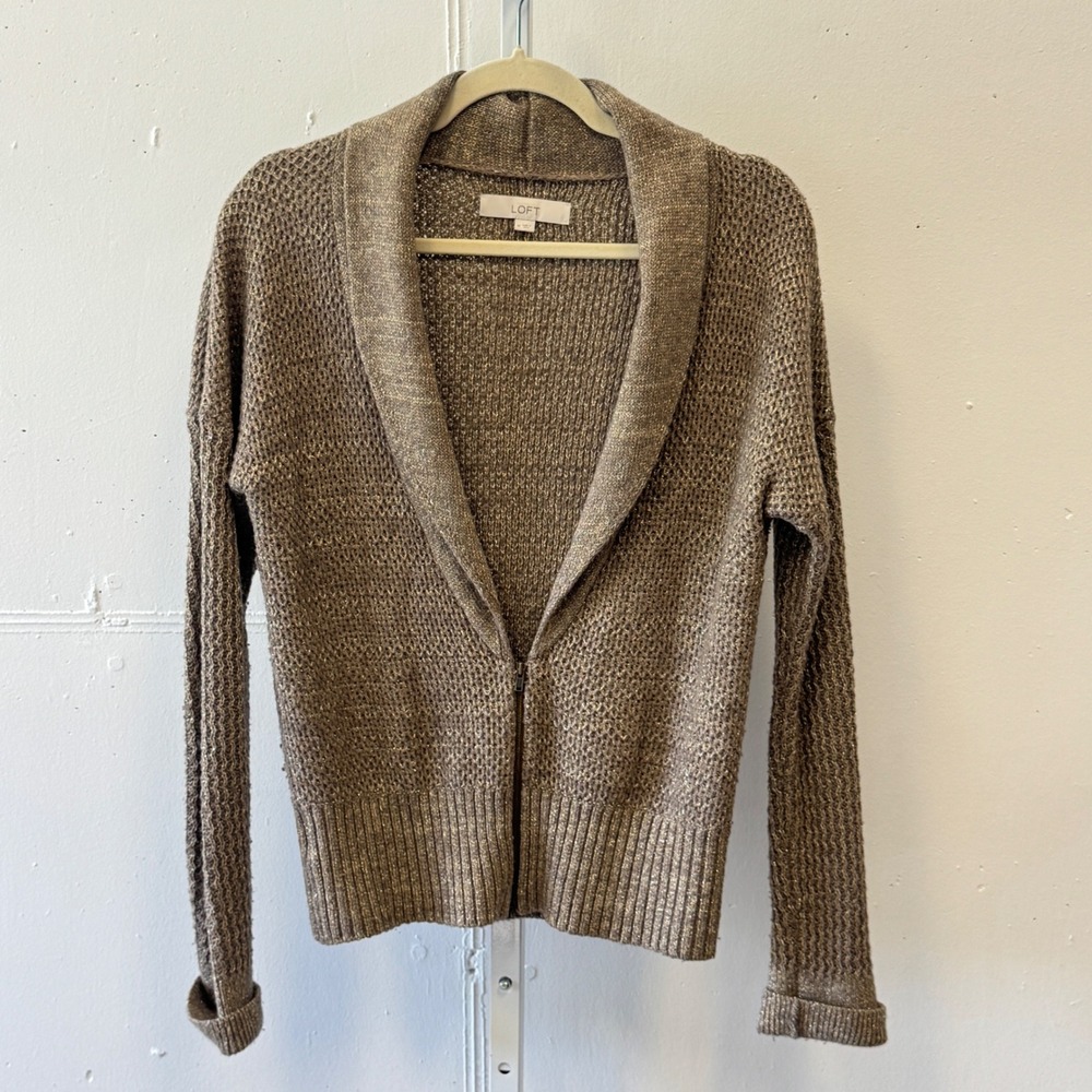 LOFT Bronze Metallic Shawl Collar Zip Up Cardigan Sweater Medium Knit Wool Blend